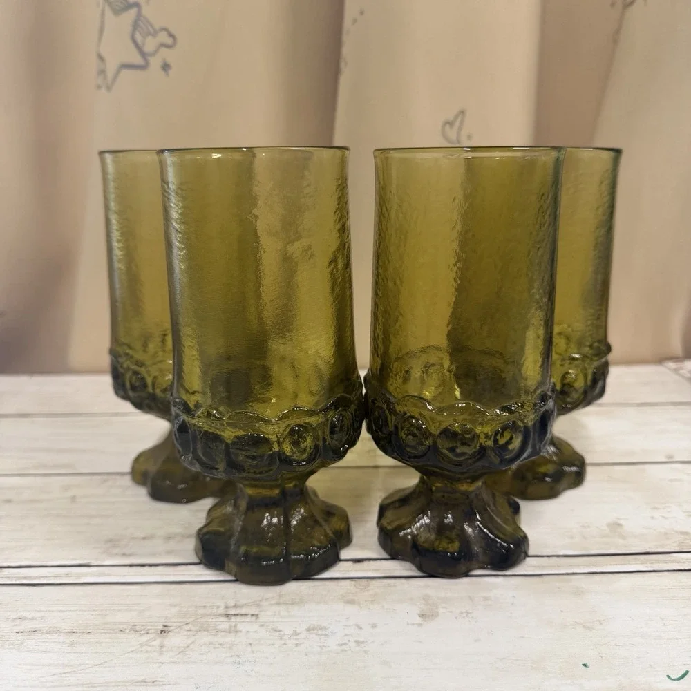 4 Vintage Tiffin Franciscan Madeira Pedestal Goblets Green Uranium Glasses